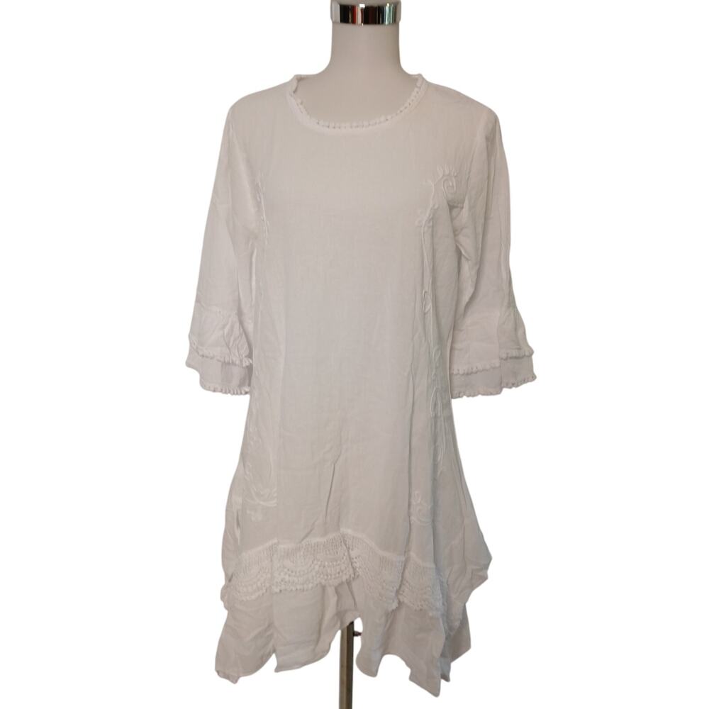 Giocam Luna Gauze Tunic Blouse Dress Asymmetrical Hem White Lace Layer NWT Small